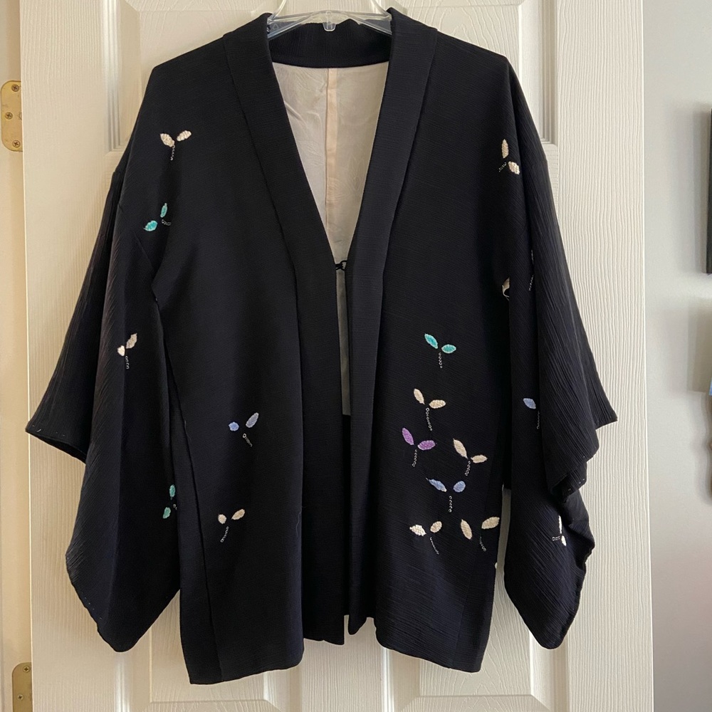 Vintage Handmade Mixed Fabric Black Kimono Style Jacket Womens L